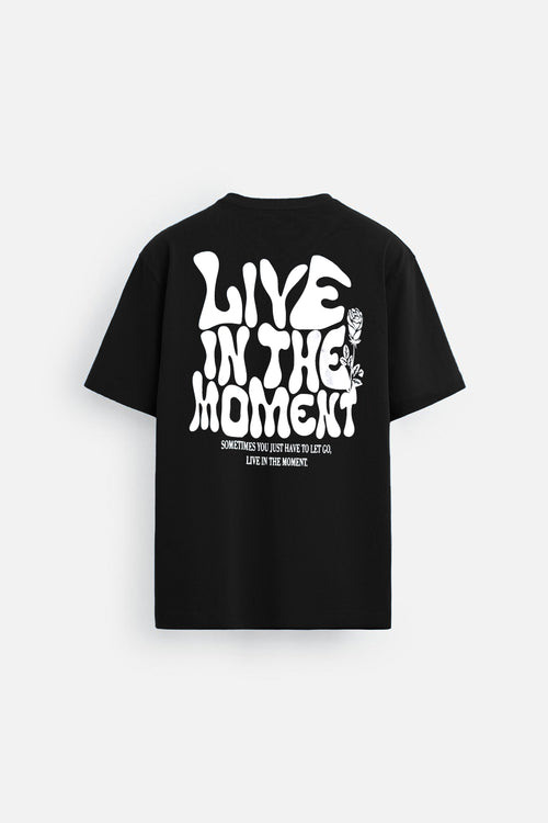 Black Men's Oversized "Live In The Moment" Graphic T‑Shirt | 100% Cotton Casual Wear